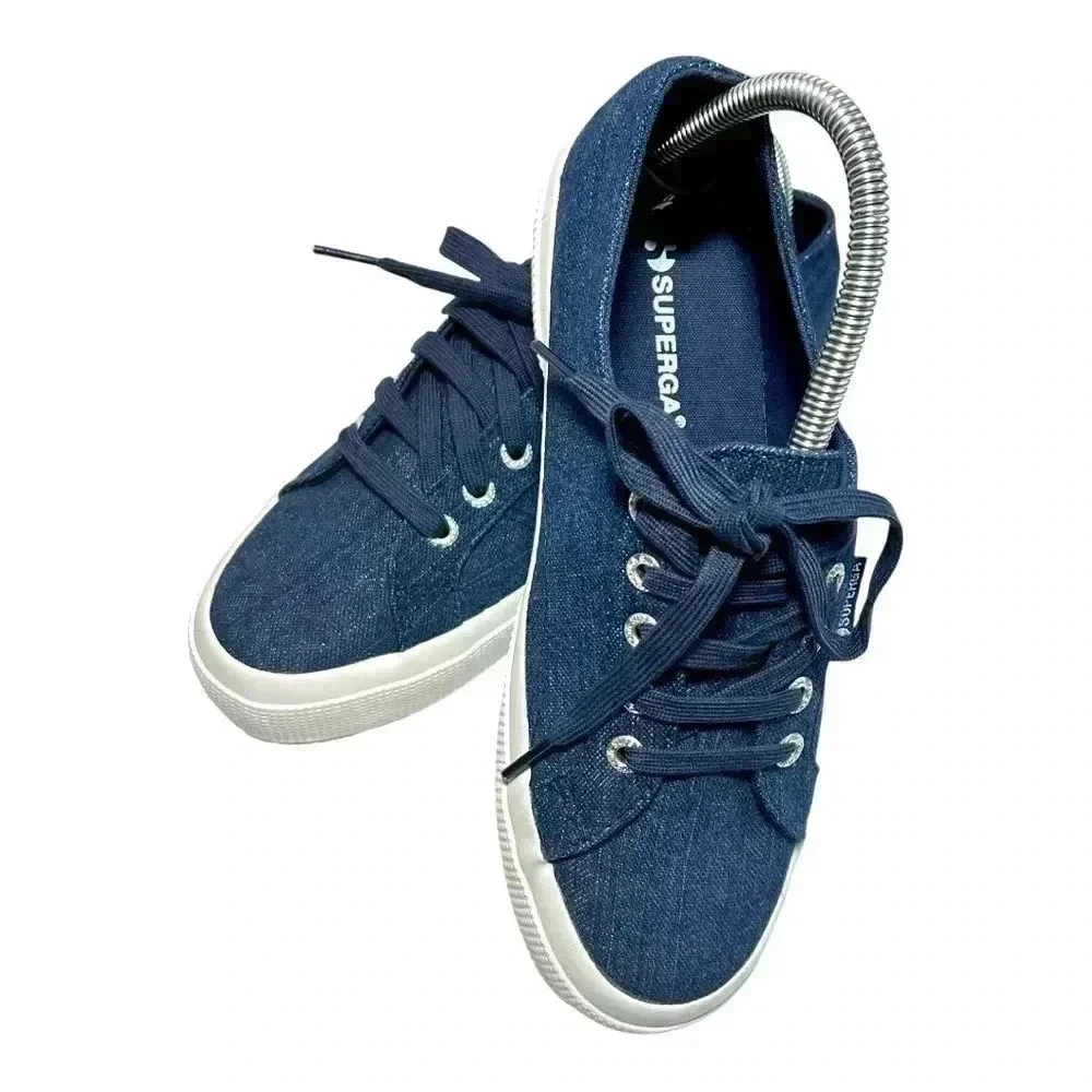Superga 2750 Cotu Classic Blue Denim And Gold Shimmer Sneaker Women’s 7.5